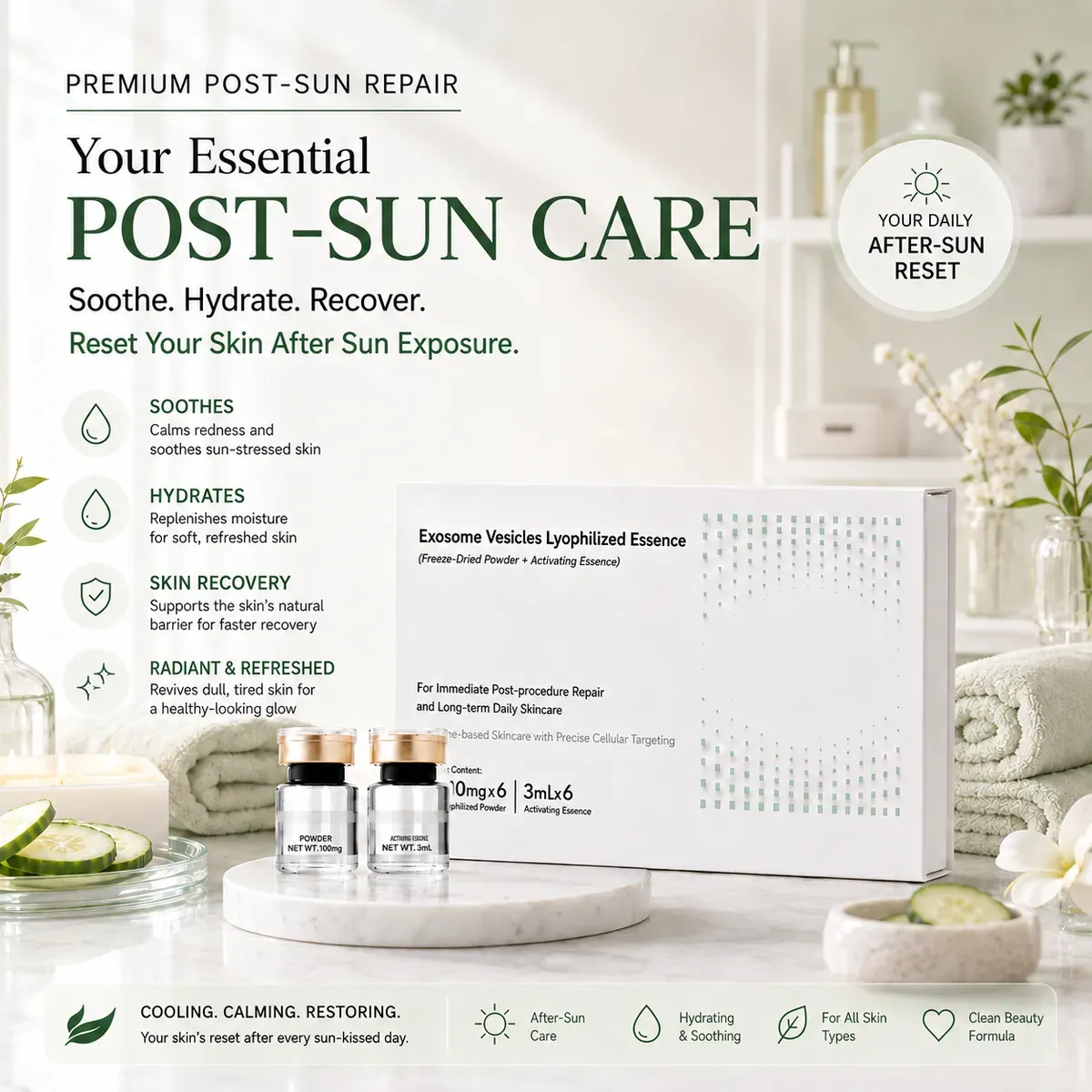 Cucumber Exosome Ampoule — After-Sun Repair & Cooling Hydration, 16 Sets: ampoule set, (30 mg + 1.5 ml) × 16 per box