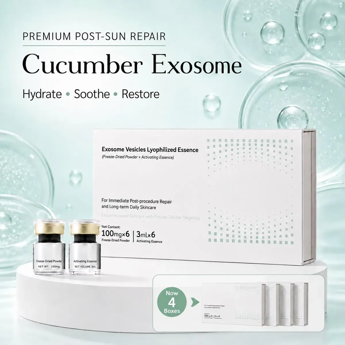 Cucumber Exosome Vial Kit — Cooling SOS Rescue & Cooling Hydration, 24 Sets: vial kit, (100 mg + 3 ml) × 24 per box