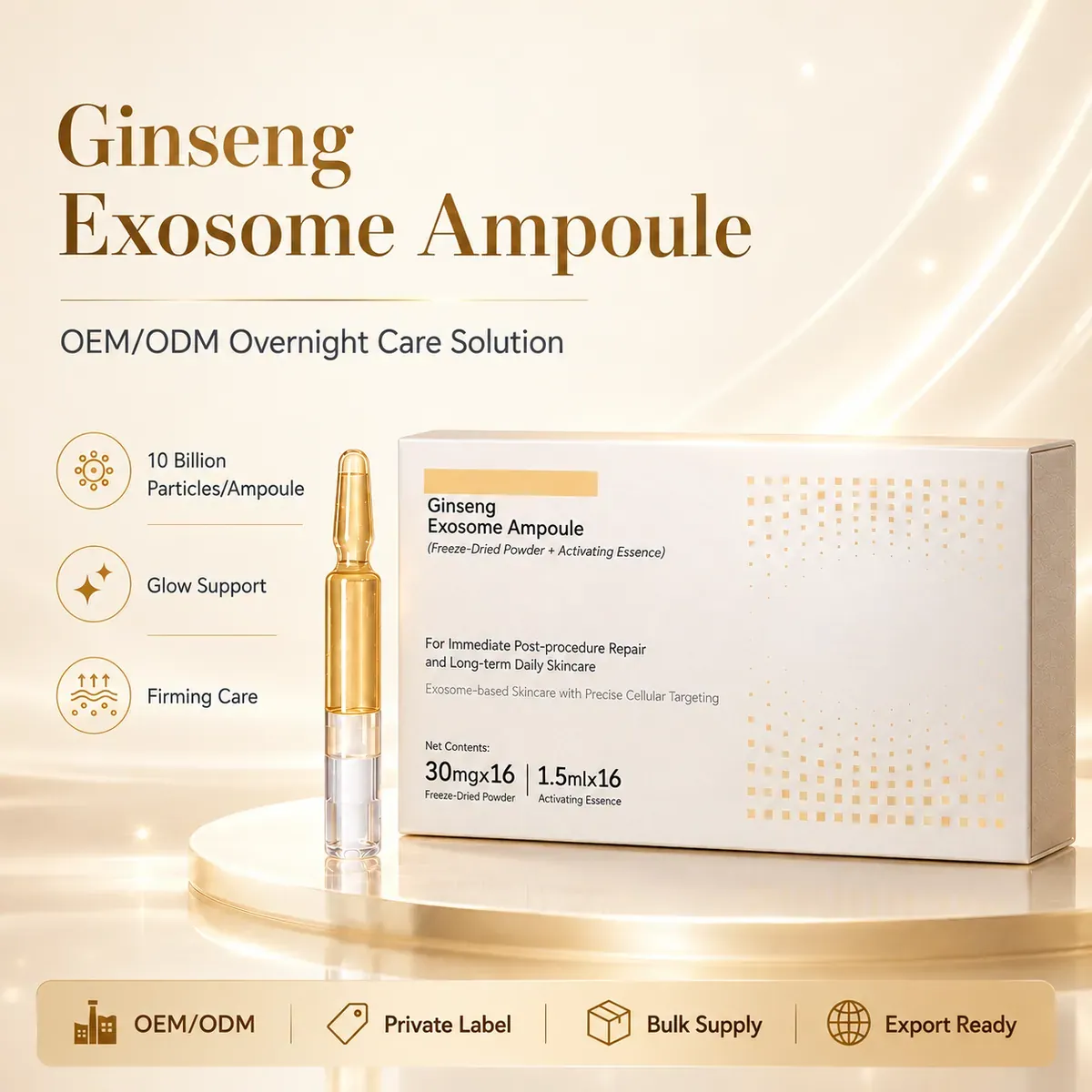 Ginseng Exosome Ampoule — Overnight Renewal & Anti-Fatigue Glow, 16 Sets: ampoule set, (30 mg + 1.5 ml) × 16 per box