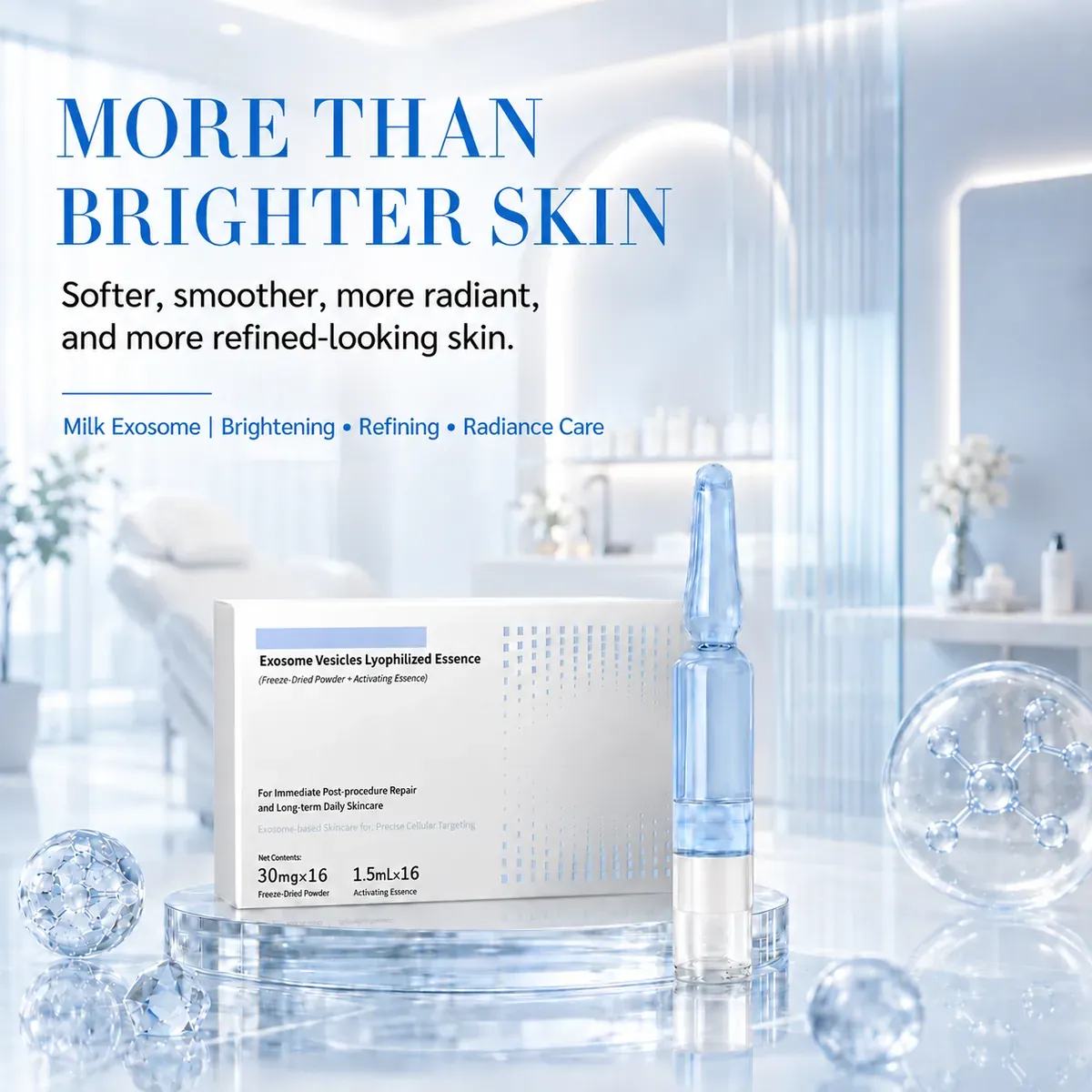 Milk Exosome Ampoule — High-Gloss Brightening, 16 Sets: ampoule set, (30 mg + 1.5 ml) × 16 per box
