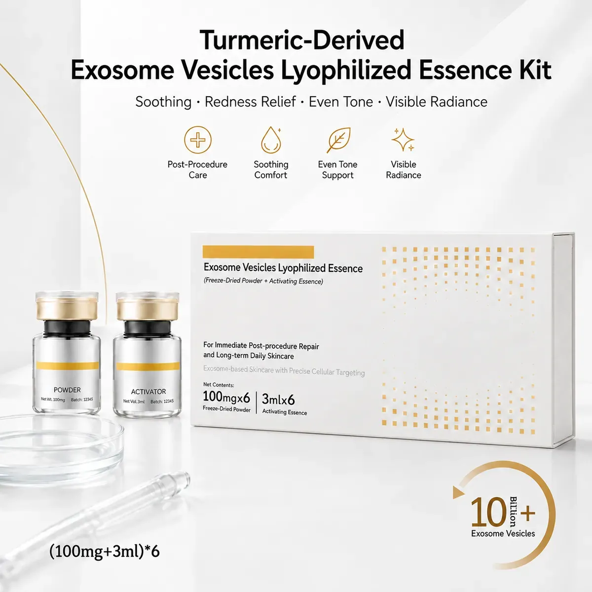 Turmeric Curcumin Exosome Vial Kit — Redness Care & Hydration, 6 Sets: vial kit, (100 mg + 3 ml) × 6 per box