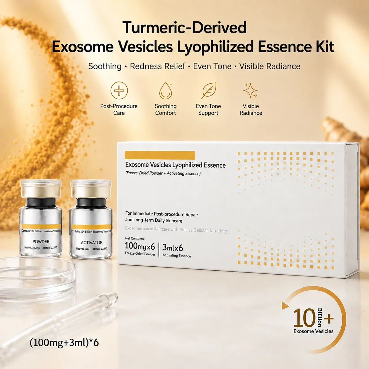 Turmeric Curcumin Exosome Vial Kit — Redness Care & Hydration, 6 Sets: vial kit, (100 mg + 3 ml) × 6 per box