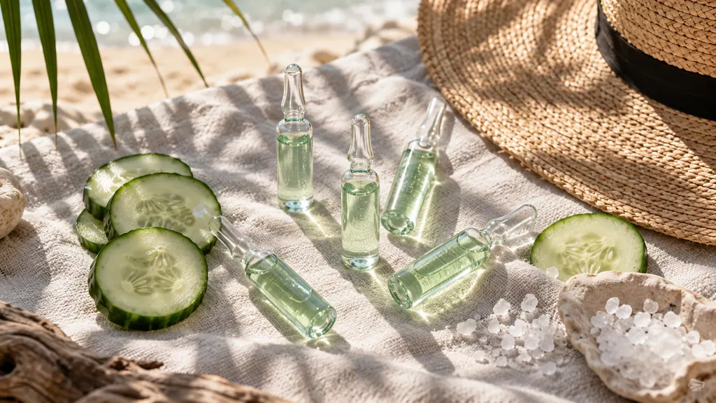 Mint-green ampoules and cucumber slices on a beach towel in sunlight