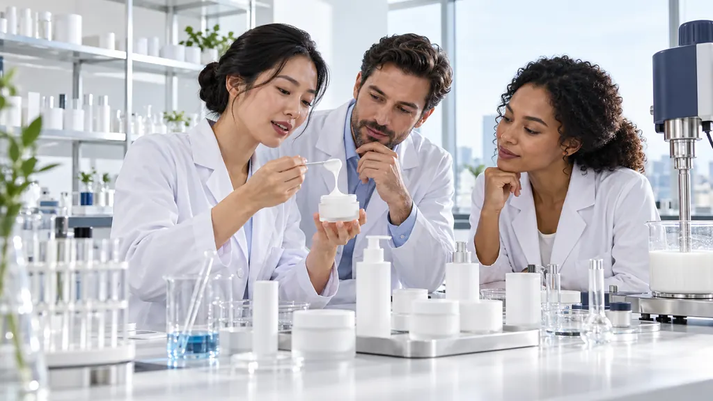 Three formulation chemists discussing a cream texture at an R&D bench (illustration)