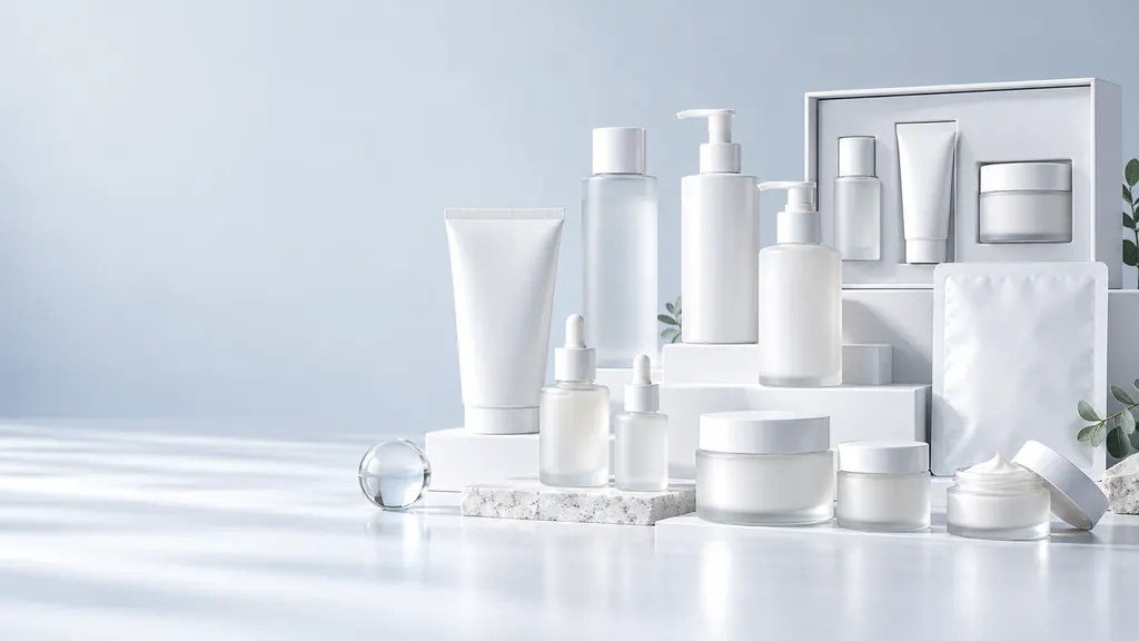 Blank white skincare bottles, jars, tubes and cartons arranged on white plinths (illustration)