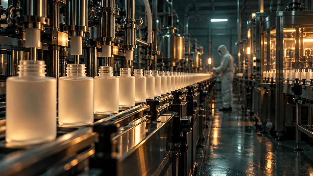 Stainless filling line with rows of frosted bottles in a dim production hall (illustration)