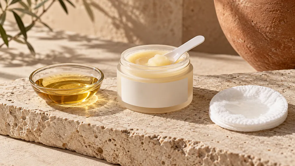 Cleansing oil, balm and micellar water textures side by side (illustration)