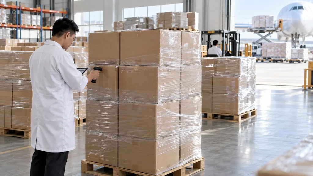 Shrink-wrapped export cartons on pallets being scanned for air freight