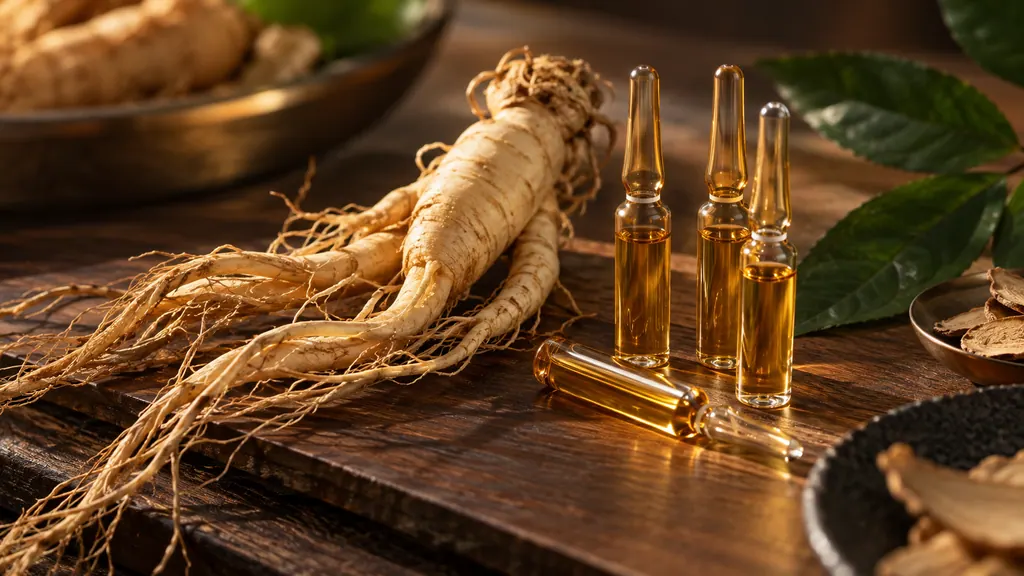 Fresh ginseng root beside amber glass ampoules on walnut wood