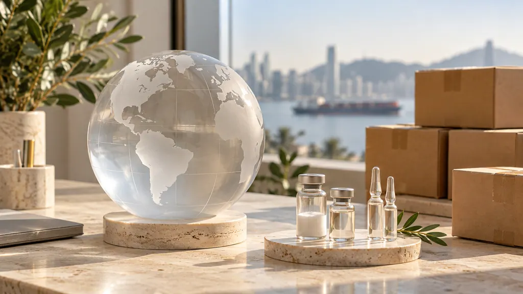 Frosted glass globe beside skincare vials and shipping cartons