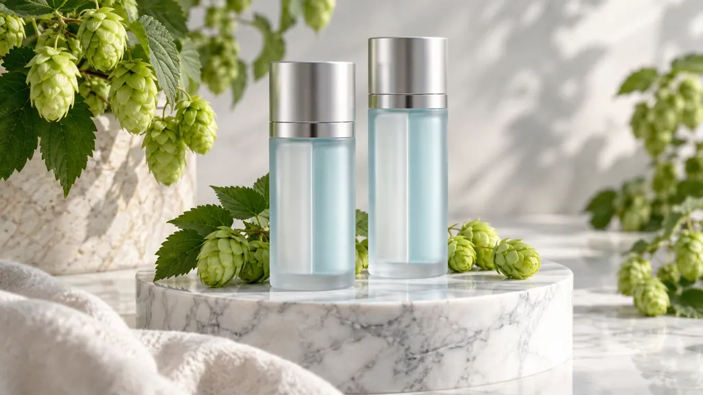 Two pale-blue dual-chamber scalp essence bottles with fresh hop cones