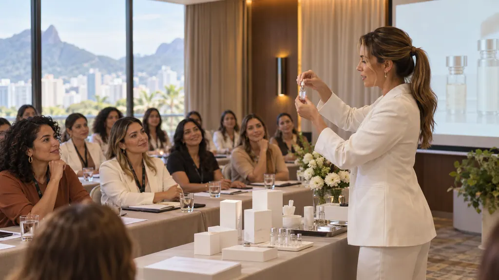 Trainer demonstrating two-part serum activation to aestheticians at a seminar (illustration)