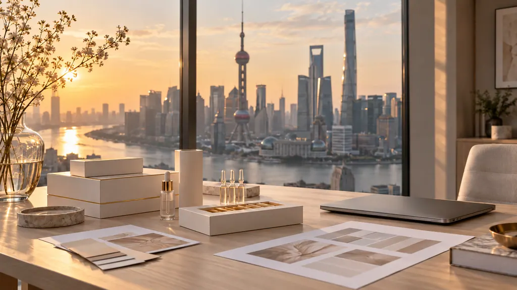 Packaging proofs and sample boxes on a desk overlooking the Pudong skyline in Shanghai (illustration)