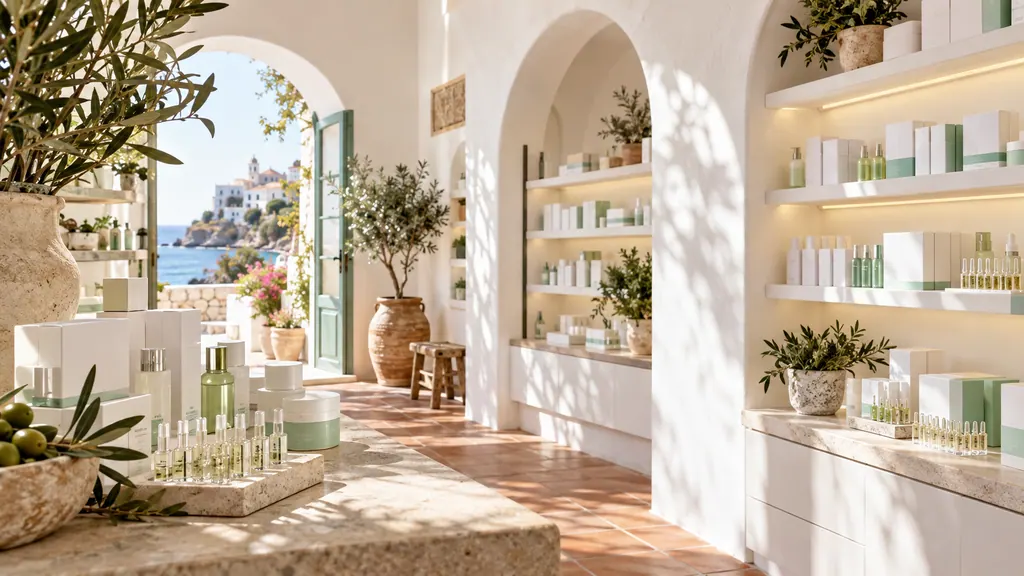 Mediterranean concept pharmacy with white skincare boxes on arched shelves (illustration)