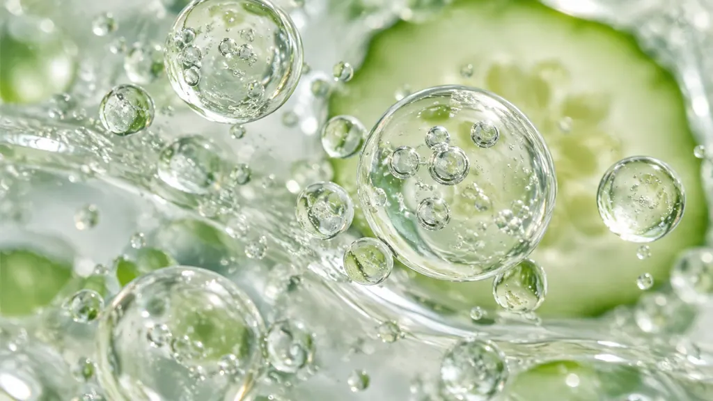 Macro image of translucent vesicle-like bubbles in clear gel with cucumber in the background