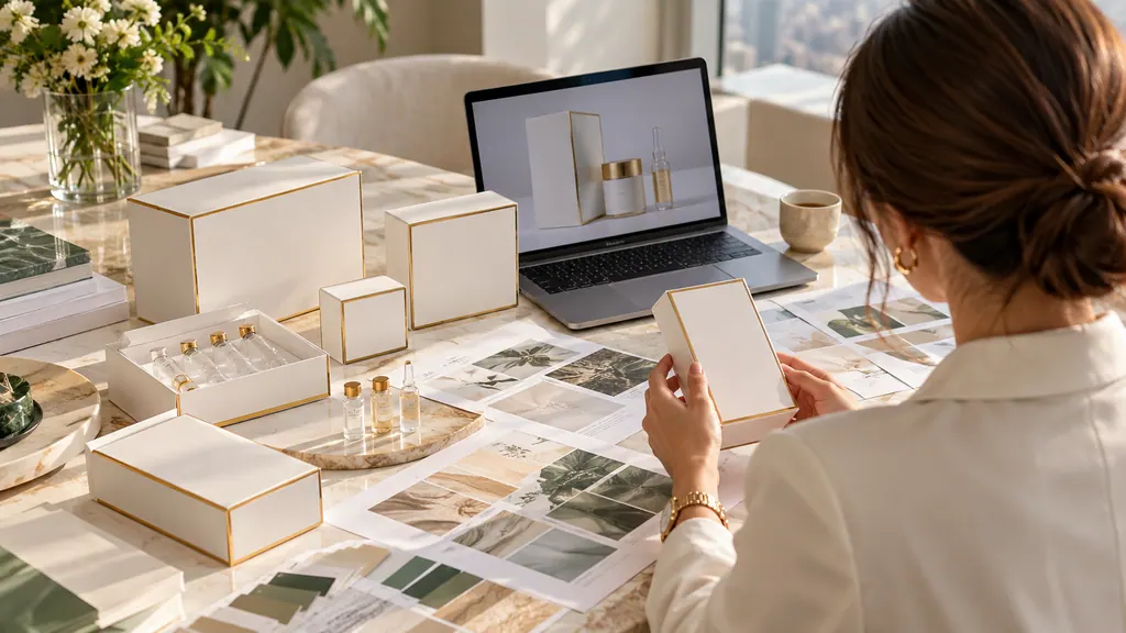Brand owner reviewing white gold-edged private-label boxes and ampoules