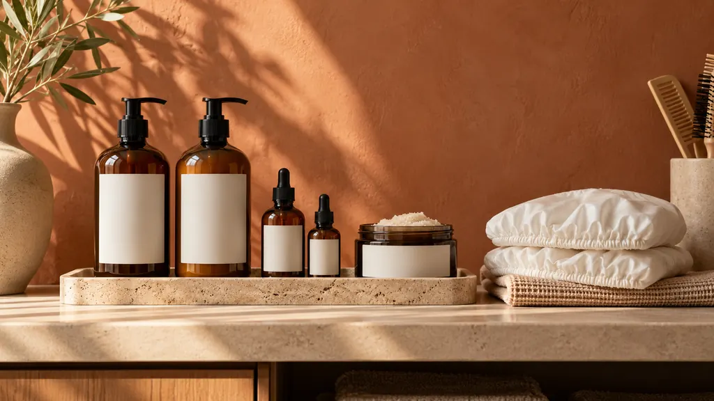Salon back-bar with shampoo, conditioner, scalp serum and treatment caps (illustration)